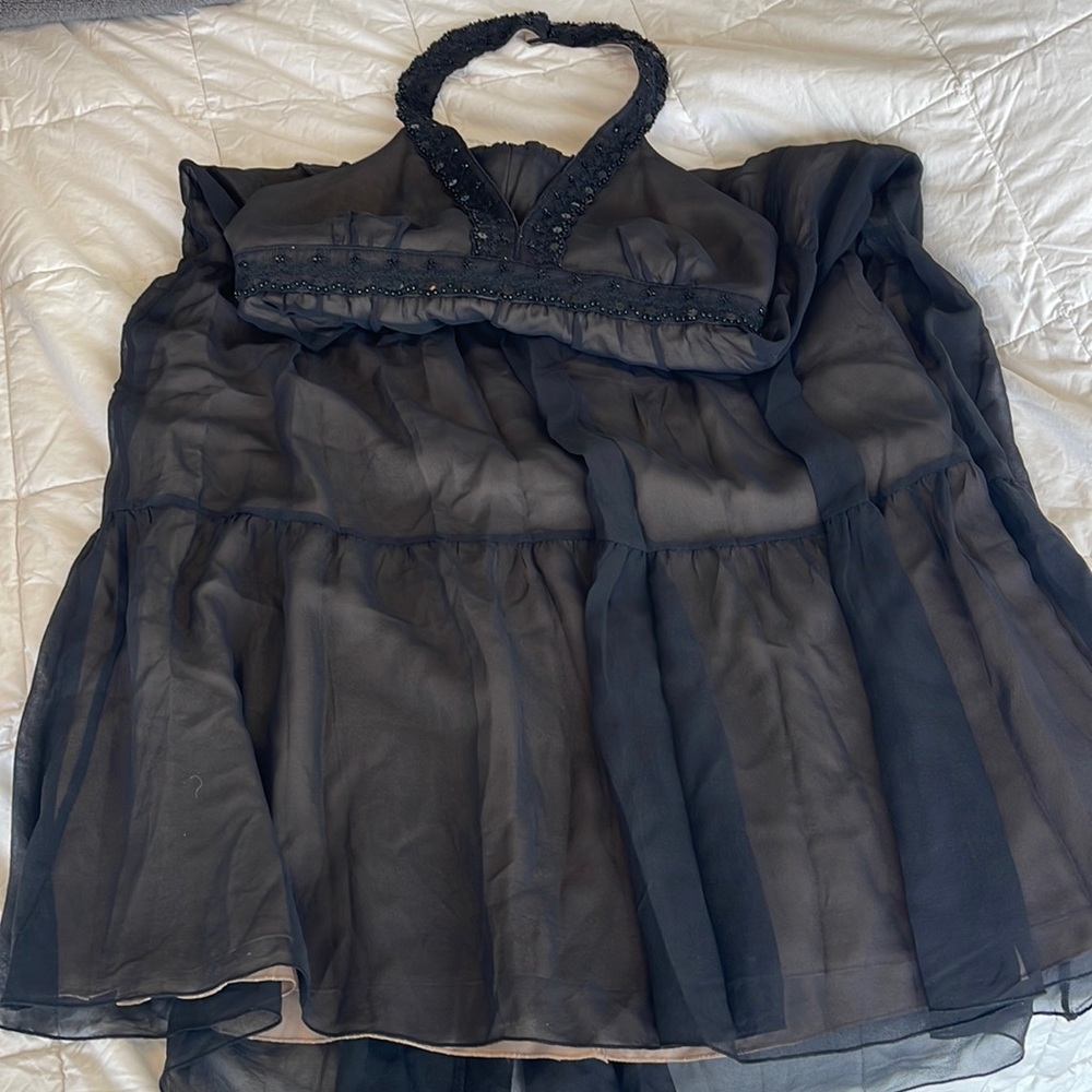 Vintage BCBG black silk tiered  maxi halter dress